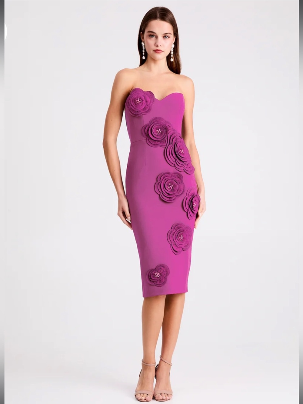 helsi kaia purple 3d floral applique sweetheart neckline strapless midi dress XS